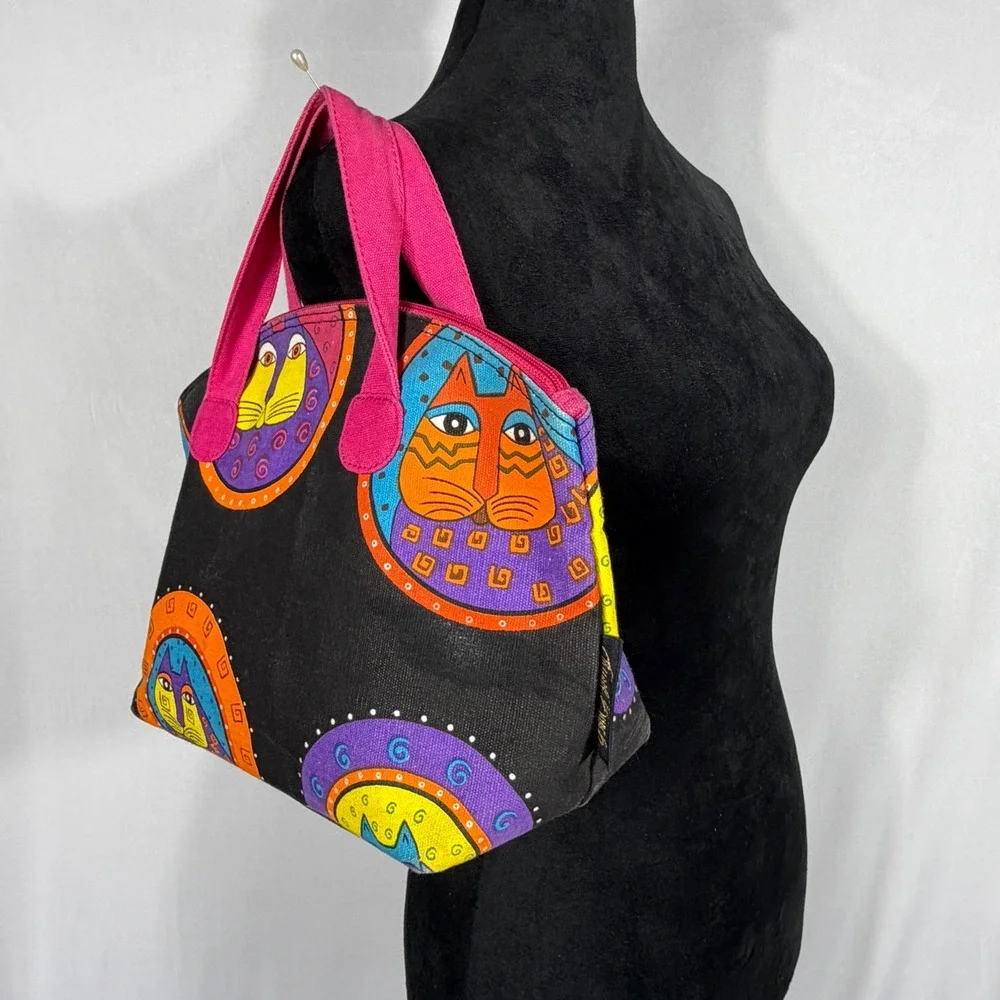 Laurel Burch Sun N Sand Canvas Cat Tote Bag Whimsical Folk Art Bag Vtg 90s Y2K